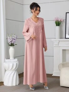 Mulvari Solid Color V-Neck Loose Embroidered Collar Floral Long Sleeve Elegant Swing Dress For Women - Pink - View 6