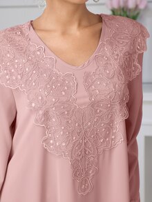 Mulvari Solid Color V-Neck Loose Embroidered Collar Floral Long Sleeve Elegant Swing Dress For Women - Pink - View 2