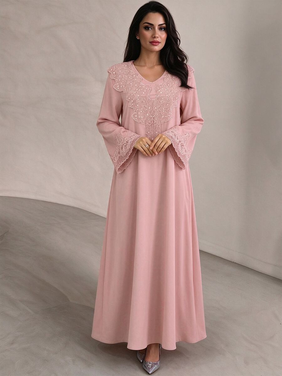 Mulvari Solid Color V-Neck Loose Embroidered Collar Floral Long Sleeve Elegant Swing Dress For Women - Pink - View 1