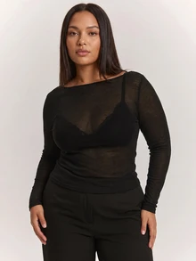 SHEIN PETITE CURVE 大尺碼女款露肩長袖透視性感寬鬆極簡上衣，適合外出、派對、夜晚穿著，黑色 - 黑色 - 查看 3