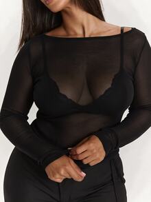 SHEIN PETITE CURVE 大尺碼女款露肩長袖透視性感寬鬆極簡上衣，適合外出、派對、夜晚穿著，黑色 - 黑色 - 查看 10