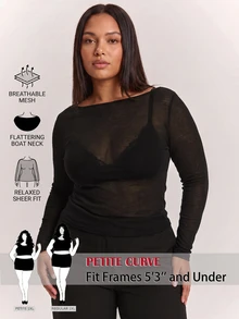 SHEIN PETITE CURVE 大尺碼女款露肩長袖透視性感寬鬆極簡上衣，適合外出、派對、夜晚穿著，黑色 - 黑色 - 查看 11