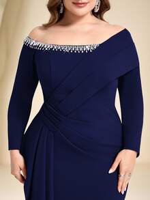 Coutiva Plus Size Women's Rhinestone Decorated Off Shoulder Long Sleeve Pleated Design Formal Evening Gown (Heavily Embellished) - Navy Blue - View 8