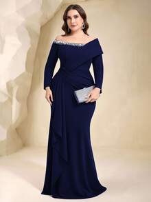 Coutiva Plus Size Women's Rhinestone Decorated Off Shoulder Long Sleeve Pleated Design Formal Evening Gown (Heavily Embellished) - Navy Blue - View 7