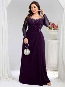 Coutiva 大尺碼深藍色秋季正式派對舞會晚宴禮服 露肩長袖網紗拼接珍珠裝飾透視修身洋裝 新年優雅款 - 紫色 - 查看 6