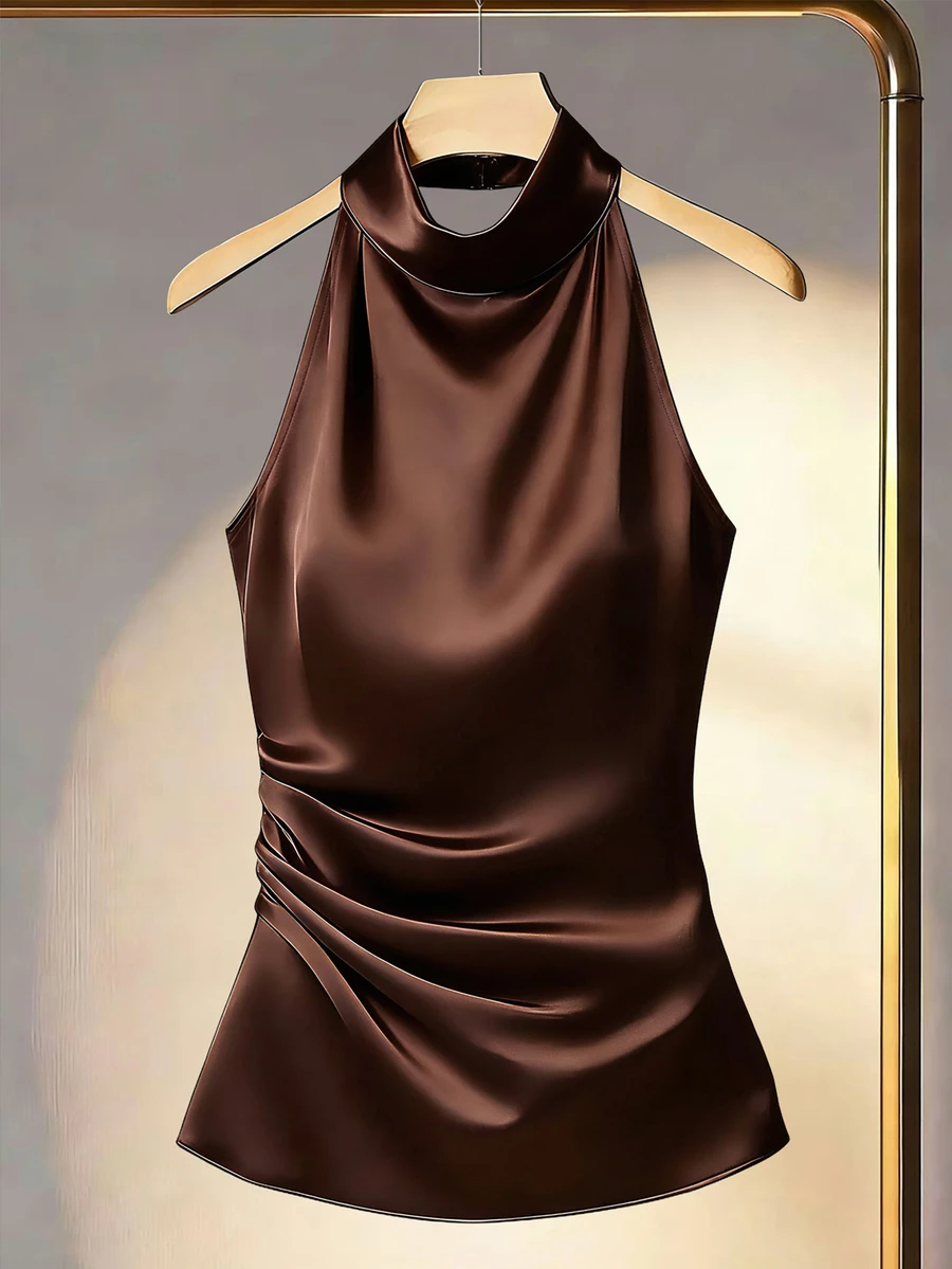 Franclia Women's Solid Color Halter Neck Drape Elegant Fitted Blouse, Summer - Brown - View 1