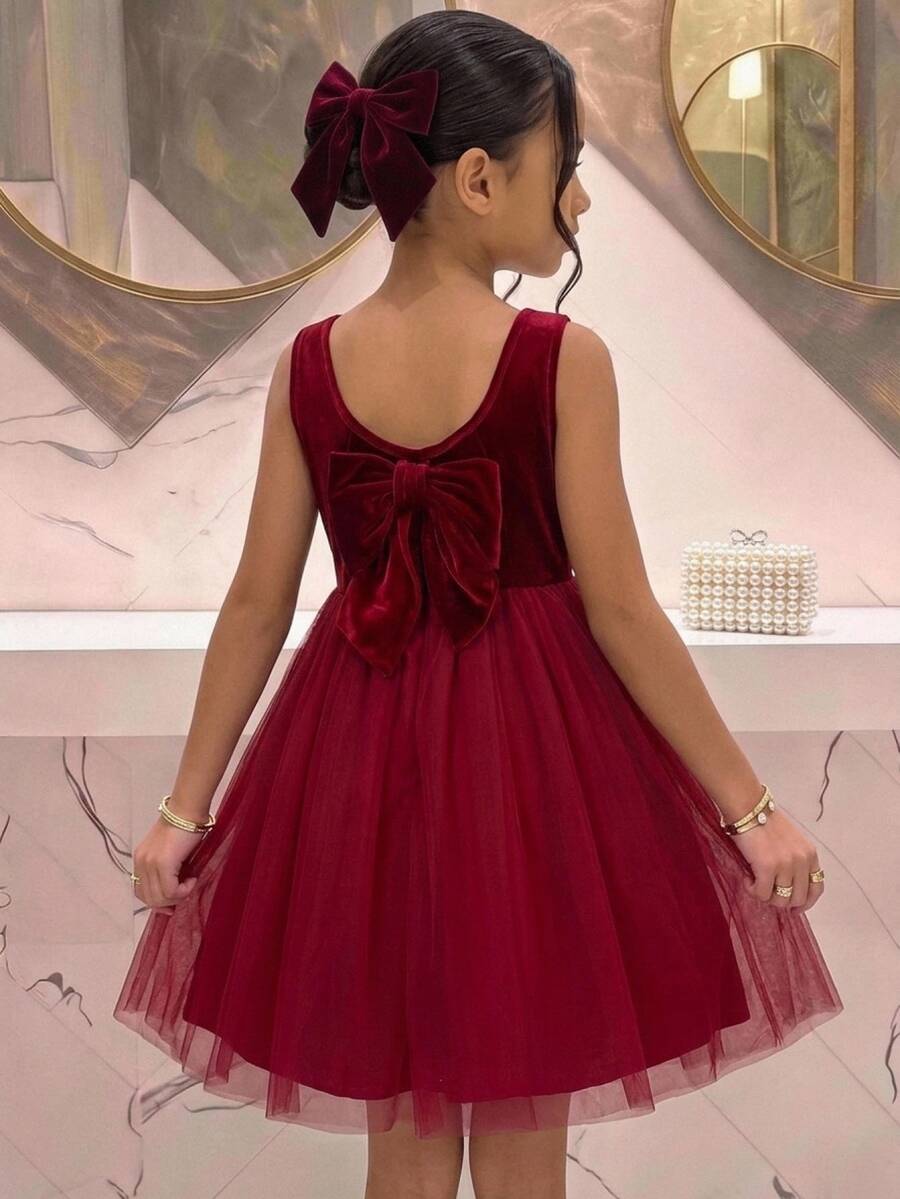 SHEIN Tween Girls Party Fall Kids Winter Red Dress, Sleeveless Long Robe With Back Bow Detail, Elegant Gown For Holiday, Layered, Fitted, Formal, Birthday - Burgundy - View 1