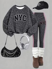 青少年女孩 2 件套，灰色豹紋 NYC 字母街頭風，落肩衛衣與緊身褲，適合秋冬冬季校園穿著 - 彩色 - 查看 3