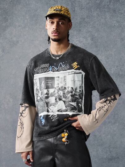 PAVTROS Men's Wasteland Style 2 In 1 Short Long Sleeve Top, Washed Distressed Ripped Effect, Raw Edge Torn Patchwork Vintage Portrait Photo Print, Contrast Long Sleeve With Artistic Skull Graphic, Short Wide Boxy Loose Fit, Graffiti Splatter Detail, American Dark Punk Streetwear Pullover T-Shirt