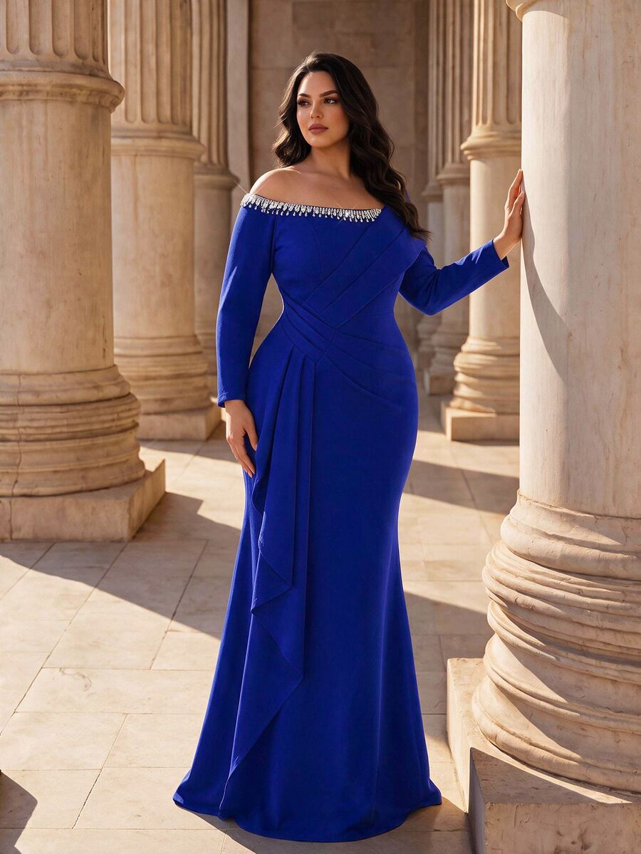 Coutiva Plus Size Women's Elegant Royal Blue Winter Formal Evening Prom Gown,Asymmetrical Neckline Rhinestone Pleated Waist Mermaid Fishtail Curve Dress