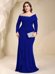 Coutiva Plus Size Women's Elegant Royal Blue Winter Formal Evening Prom Gown,Asymmetrical Neckline Rhinestone Pleated Waist Mermaid Fishtail Curve Dress - Royal Blue - View 6