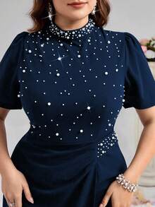 Coutiva Plus Size Beaded Decor Formal Evening Gown - Navy Blue - View 8