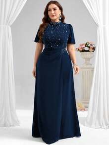 Coutiva Plus Size Beaded Decor Formal Evening Gown - Navy Blue - View 7