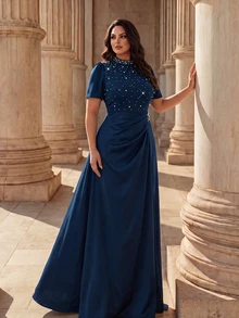 Coutiva Plus Size Beaded Decor Formal Evening Gown - Navy Blue - View 1