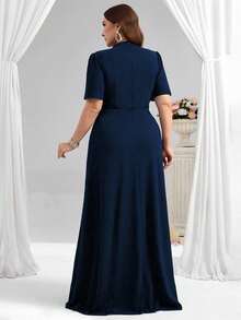 Coutiva Plus Size Beaded Decor Formal Evening Gown - Navy Blue - View 2