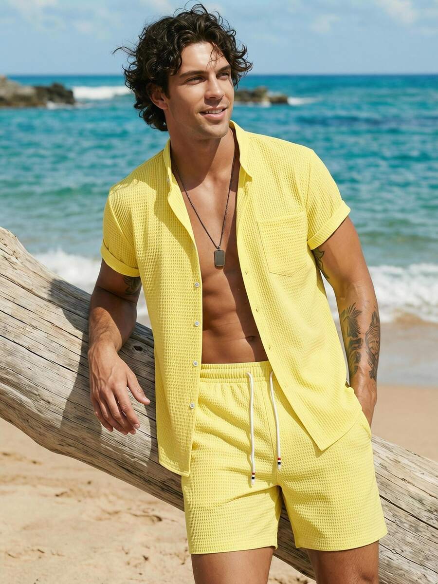 Genlund Men's Summer Solid Texture Button-Up Shirt & Pocket Shorts Co-Ord Set Yellow Men Top S 2 Pieces Outfit Outfits Short Sets Two Holiday - Yellow - View 1
