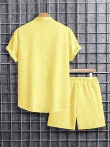 Genlund Men's Summer Solid Texture Button-Up Shirt & Pocket Shorts Co-Ord Set Yellow Men Top S 2 Pieces Outfit Outfits Short Sets Two Holiday - Yellow - View 2