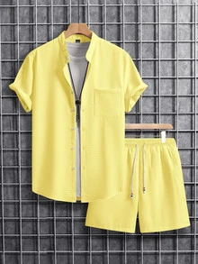 Genlund Men's Summer Solid Texture Button-Up Shirt & Pocket Shorts Co-Ord Set Yellow Men Top S 2 Pieces Outfit Outfits Short Sets Two Holiday - Yellow - View 4