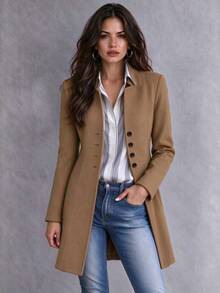 Omancia Women's Casual Holiday Valentine's Day Small Stand Collar Wool Blend Slim Fit Jacket - Khaki - View 1
