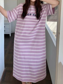 Dazy Plus Letter Print Striped Loose Fit Plus Size Women Spring/Summer Nightgown/Sleepwear Pajamas - Mauve Purple - View 5