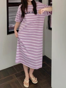 Dazy Plus Letter Print Striped Loose Fit Plus Size Women Spring/Summer Nightgown/Sleepwear Pajamas - Mauve Purple - View 2