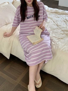 Dazy Plus Letter Print Striped Loose Fit Plus Size Women Spring/Summer Nightgown/Sleepwear Pajamas - Mauve Purple - View 4