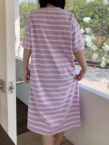 Dazy Plus Letter Print Striped Loose Fit Plus Size Women Spring/Summer Nightgown/Sleepwear Pajamas - Mauve Purple - View 6