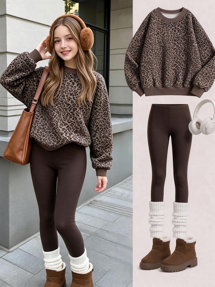 Tween Girls Leopard Print Crew Neck Sweatshirt Set, Personalized Leopard Print Set, Personalized Sweatshirt, Suitable For Autumn/Winter, Daily Outings, Casual Wear, Energetic Style, Leisure Travel, Basic Style, Comfortable And Easy To Wear, Daily Casual - Multicolor - View 1