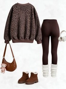 Tween Girls Leopard Print Crew Neck Sweatshirt Set, Personalized Leopard Print Set, Personalized Sweatshirt, Suitable For Autumn/Winter, Daily Outings, Casual Wear, Energetic Style, Leisure Travel, Basic Style, Comfortable And Easy To Wear, Daily Casual - Multicolor - View 7