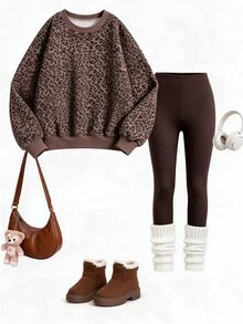Tween Girls Leopard Print Crew Neck Sweatshirt Set, Personalized Leopard Print Set, Personalized Sweatshirt, Suitable For Autumn/Winter, Daily Outings, Casual Wear, Energetic Style, Leisure Travel, Basic Style, Comfortable And Easy To Wear, Daily Casual - Multicolor - View 3