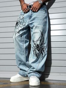 GALLERY FADE Men's Fashion Spider Print Washed Denim Straight Leg Wide Leg Curved Hem Jeans - Light Wash - View 3