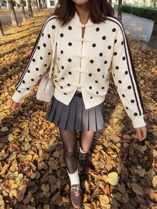 Comfortcana Women's Fall Cardigan Sweater With Button Closure, Polka Dot And Striped Side Decoration, Suitable For Dating, Vacation, Party Brunch, French Retro - Apricot - View 12