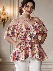 DreamSkyne Plus Size Solid Color Romantic Elegant Ruffled Sleeve Design Camisole Shirt Peplum Top Party Formal Evening Wedding Guest Beige Summer - Multicolor - View 5