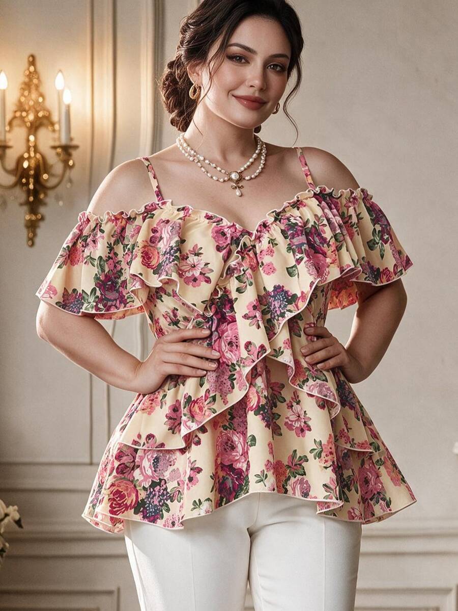 Rometta Plus Size Solid Color Romantic Elegant Ruffled Sleeve Design Camisole Shirt Peplum Top Party Formal Evening Wedding Guest Beige Summer - Multicolor - View 1