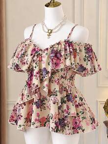 DreamSkyne Plus Size Solid Color Romantic Elegant Ruffled Sleeve Design Camisole Shirt Peplum Top Party Formal Evening Wedding Guest Beige Summer - Multicolor - View 8