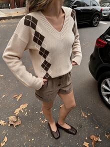 SHEIN LUNE Women's Casual V-Neck Plaid Colorblock Knit Sweater, Suitable For Autumn/Winter - Multicolor - View 5