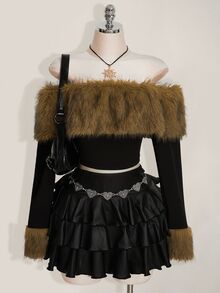 SHEIN ICON 大码 Y2K 露肩毛绒长袖 T 恤 - 彩色 - 查看 9