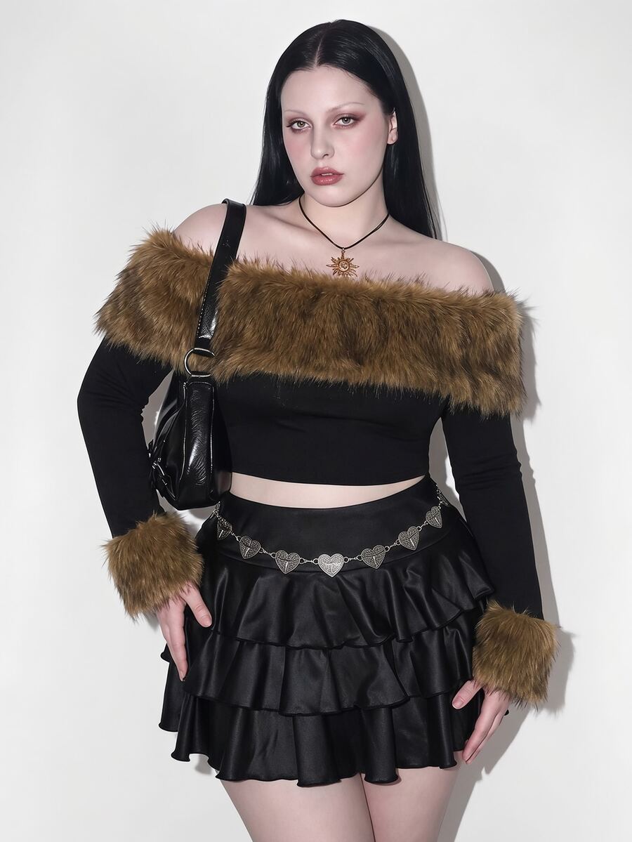 SHEIN ICON 大码 Y2K 露肩毛绒长袖 T 恤 - 彩色 - 查看 1