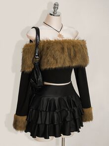 SHEIN ICON 大码 Y2K 露肩毛绒长袖 T 恤 - 彩色 - 查看 4