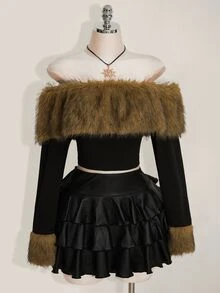 SHEIN ICON 大码 Y2K 露肩毛绒长袖 T 恤 - 彩色 - 查看 8