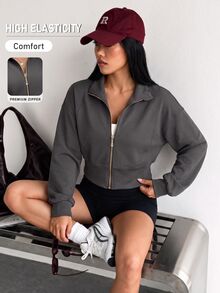 Sirith Áo khoác thể thao nữ dáng ngắn cạp cao kéo khóa, áo khoác casual tập luyện ngoài trời chạy bộ fitness - Màu xám đen - Xem 6