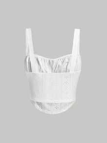 SHEIN x Marika Sila SHEIN MOD Eyelet Embroidery Lace-Up Ruched Bust White Cami Top,Christmas,Party,New Year - White - View 2