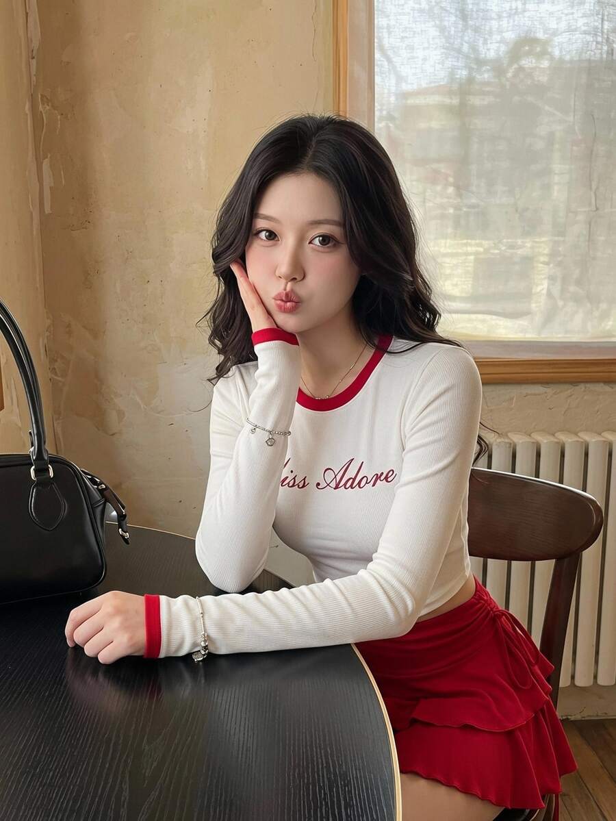 SHEIN MOD 女士复古字母印花圆领长袖白色T恤