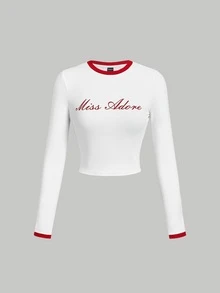SHEIN MOD 女士复古字母印花圆领长袖白色T恤 - 紅白色 - 查看 4