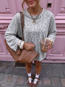 Linhara CURVE 大尺碼女款豹紋鉚釘裝飾圓領休閒時尚百搭長袖T恤 - 彩色 - 查看 7