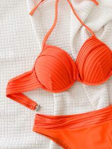 SHEIN Swim Women's Solid Color Bikini With Push-Up And Underwire Summer - Burnt Orange - View 5