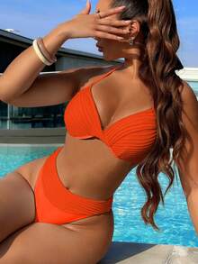 SHEIN Swim Women's Solid Color Bikini With Push-Up And Underwire Summer - Burnt Orange - View 3