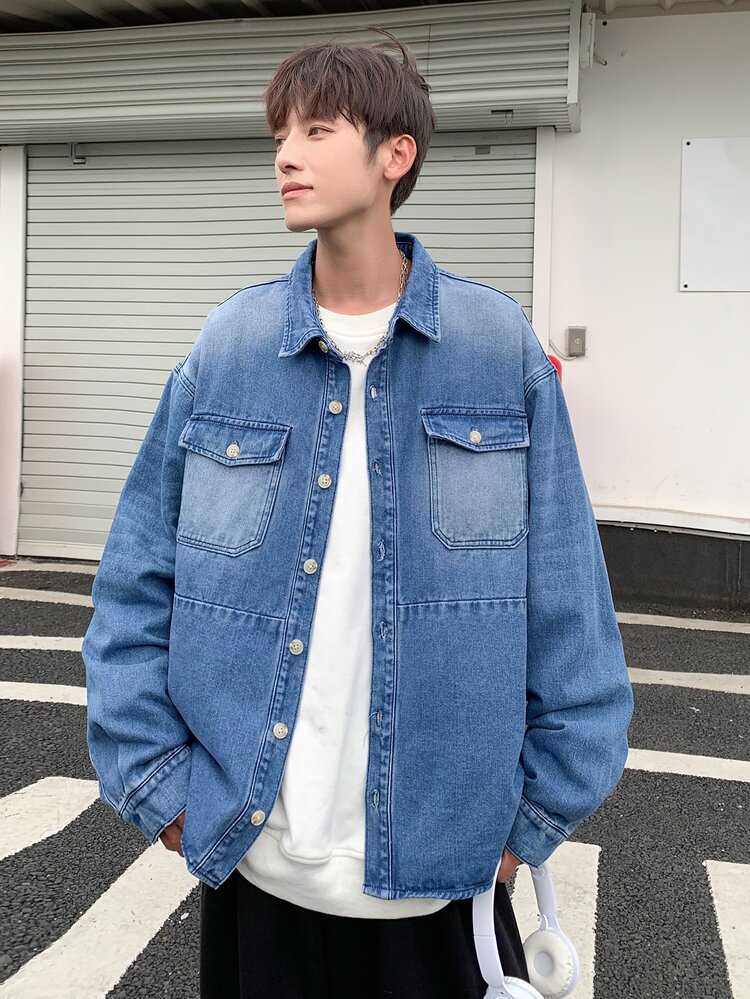 Claim Dot Men's Blue Loose Fit Drop Shoulder Casual Basic Plain Long Sleeve Button Up Denim Shirt, For Vacation - Dark Wash - View 8