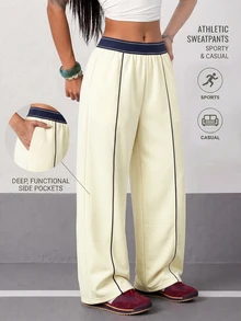Hanevo Women's Minimalist Striped Colorblock Sports Long Pants - Beige - View 1