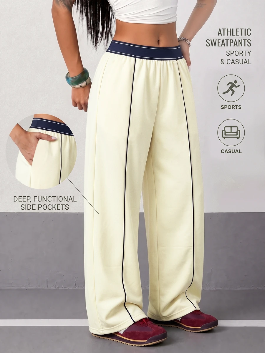 Hanevo Women's Minimalist Striped Colorblock Sports Long Pants - Beige - View 1